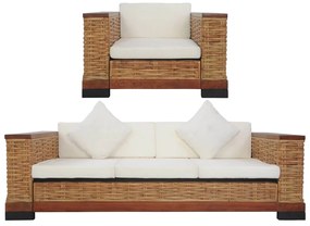 2 pcs conjunto de sofás com almofadões vime natural castanho