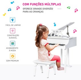 Mini piano infantil com banco 30 teclas com suporte para partitura 52x50x49 cm Branco