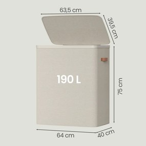 Cesto da roupa suja, cesto de 190 L com 3 compartimentos 64 x 40 x 75 cm, cesto da roupa suja com tampa e pegas bege