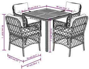 5 pcs conjunto de jantar p/ jardim c/ almofadões vime PE preto