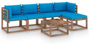 6 pcs conjunto lounge para jardim com almofadões azul-claro