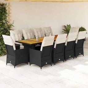 vidaXL 11 pcs conjunto de bistrô p/ jardim c/ almofadões vime PE preto