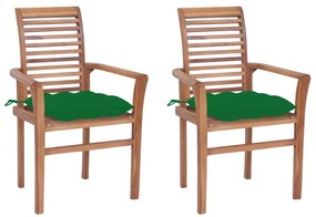Cadeiras de jantar c/ almofadões verdes 2 pcs teca maciça