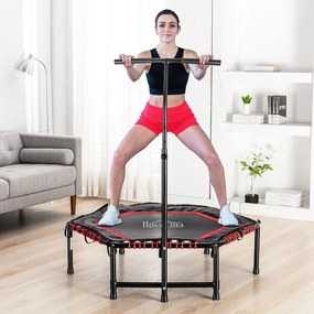 Trampolim Fitness Ø122 Cama Elástica com Guiador Ajustável de 3 Níveis 122-138cm com Capa Protetora e Estrutura de Aço para Interiores e