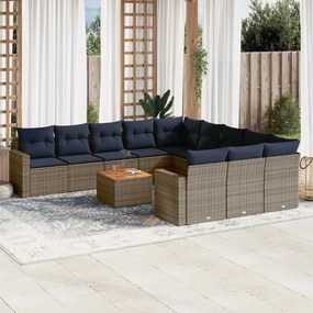 12 pcs conjunto sofás p/ jardim c/ almofadões vime PE cinzento