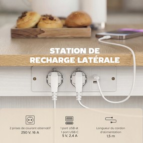 Carrinho de cozinha com Rodas, Ilha de cozinha 120 x 71 x 89 cm com estação de carregamento, e bancada rebatível, 2 gavetas, branco
