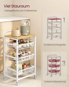 Carrinho de cozinha com vários níveis e cestos extraíveis 31,7 x 40 x 76 cm Branco