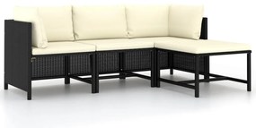 4 pcs conjunto sofás de jardim com almofadões vime PE preto