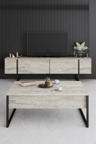 Móvel de TV "Madrid" - Travertino Mármore e Preto - 180x50x30cm - Desi