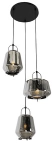Candeeiro de suspensão preto com vidro fumê redondo 3 luzes - Kevin Art Deco