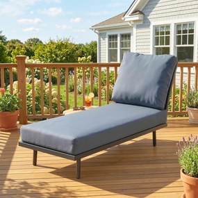 Espreguiçadeira de jardim com almofadas laváveis em olefina e prateleira lateral, estrutura em metal, 58 x 137 x 75 cm, cinzento