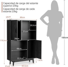 Armário de Madeira "Ollen" - 80 x 24 x 119,5 cm - 4 Níveis com Portas