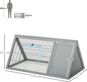 Gaiola triangular para o chão 116 C x 62,2 L x 52,5 A, recinto exterior com dois compartimentos abertos e porta, adequada para coelhos, galinhas e tar