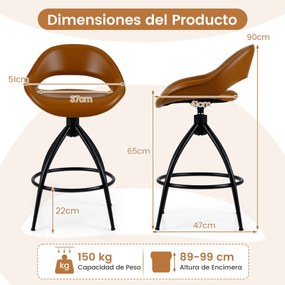 Bancos de bar giratórios, 2 unidades, altura de balcão, encosto, apoio para os pés, metal e couro sintético, para cozinha e sala de jantar, castanho