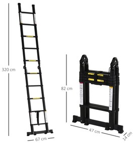 DURHAND Escada Telescópica dobrável Multifuncional estavél quadro em A portátil  Carga 150kg Preto Alumínio 320x67x7cm|Aosom Portugal