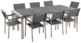 Conjunto de mesa com tampo triplo granito flameado preto 220 x 100 cm e 8 cadeiras cinzentas GROSSETO Beliani