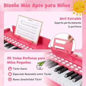 Teclado de piano para crianças 38 x 23 x 27 cm com 25 teclas digital em madeira com velocidade e volume ajustáveis Modo de ensino Rosa