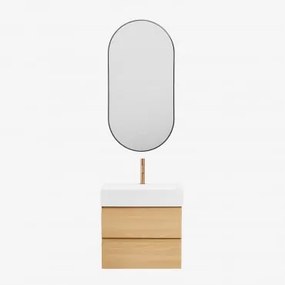 Conjunto De Móvel De Casa De Banho Em Madeira E Chapa De Freixo Com Lavatório Integrado Ona Madeira Natural & Ovale Led E Antifog Preto - Sklum