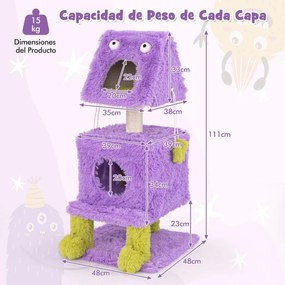 Arranhador para gatos com tema de monstros Poste para arranhar em pelúcia macia e comprida 48 x 48 x 111 cm Roxo