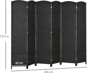 Biombo de interior em madeira com 6 painéis, 240 x 170 cm, divisória dobrável para a sala de estar e o quarto, preto