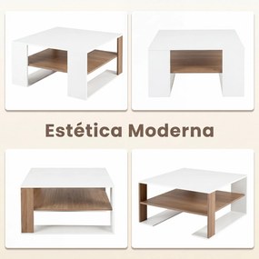 Mesa de Centro, 75 x 75 x 40 cm, Estante Inferior Espaçosa, Natural e Branco