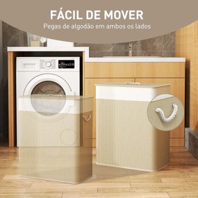 Cesto de Roupa com Tampa 100L de Bambu com 2 Compartimentos Bolsa Interior Amóvivel 52x32x63 cm Bege e Creme