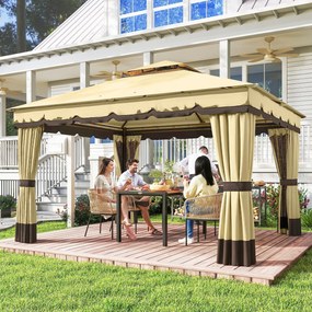 Pérgola de Jardim 3,7x3 m com Teto Duplo 4 Cortinas e Mosquiteira Estrutura em Aço Orifícios de Drenagem UV30+ Bege