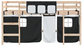 Cama alta criança c/ cortina 90x200cm pinho maciço branco/preto