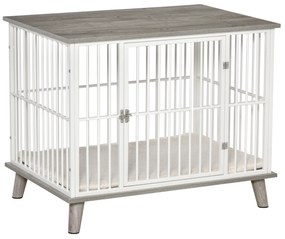 Gaiola para Cães de Madeira 86x60x70cm Gaiola para Cães com Bancada de Armazenamento Porta com Trave Pés Elevados Grade de Aço Branca