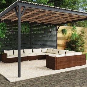 vidaXL 11 pcs conjunto lounge jardim c/ almofadões vime PE castanho