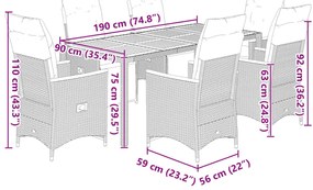 7 pcs conjunto de bistrô p/ jardim c/ almofadões vime PE preto