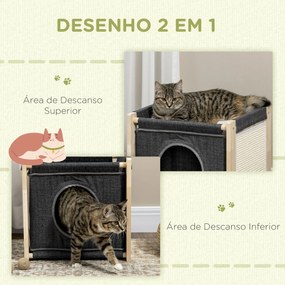 Casa para Gatos Cama para Gatos de Interior com Almofada Amovível e Lavável Arranhador de Sisal e Estrutura de Madeira 40x40x40,5cm Cinza