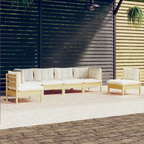 vidaXL 6 pcs conjunto lounge jardim c/ almofadões creme pinho maciço