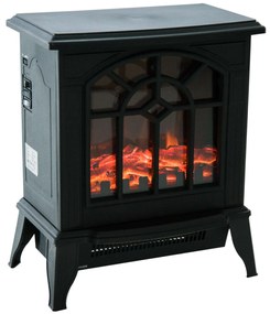 HOMCOM Lareira Elétrica Portátil 1000/2000W com Simulação de Chama Termostato e Proteção de Superaquecimento 36,5x24x46cm Preto