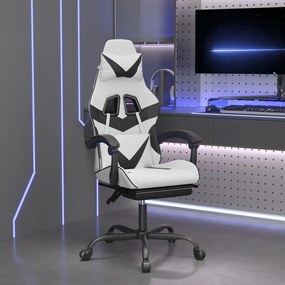vidaXL Cadeira gaming giratória c/ apoio pés couro artif. branco/preto