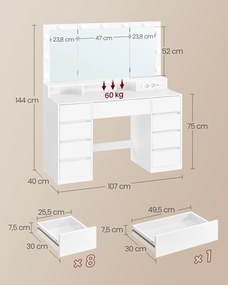 Toucador com espelho e iluminação 40 x 107 x 144 cm branco
