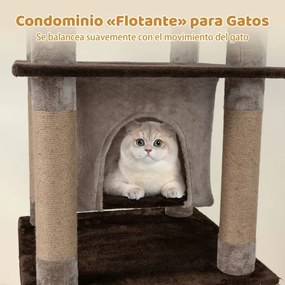 Arranhador Multinível para Gatos 148 cm com casa de Pelúcia Postes para Arranhar Buraco Pompom Castanho