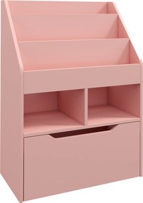 Estante de Madeira para Brinquedos com 3 Compartimentos 2 Prateleiras e Gaveta Móvel com 4 Rodas 60x29,9x90 cm Rosa