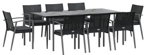 9 pcs conjunto de jantar p/ jardim com almofadões vime PE e aço