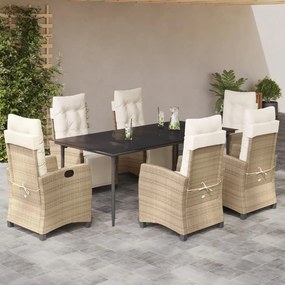 7 pcs conjunto de jantar p/ jardim com almofadões vime PE bege