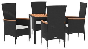 5 pcs conjunto de jantar p/ jardim c/ almofadões vime PE preto