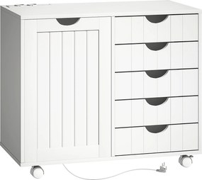 HOMCOM Móvel para Impressora com Estação de Carga e Rodas 5 Gavetas Portas USB Prateleira Ajustável Branco | Aosom Portugal