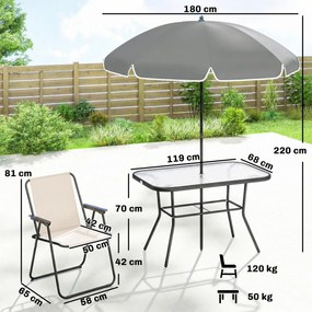 Conjunto de Mesa e Cadeiras de Jardim de 8 Peças com Chapéu de Sol 6 Cadeiras Dobráveis e Mesa de Vidro Creme e Cinza