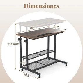 Secretária 80 x 50 x 64,5-89 cm ajustável em altura com tampo inclinável portátil com rodas Castanha