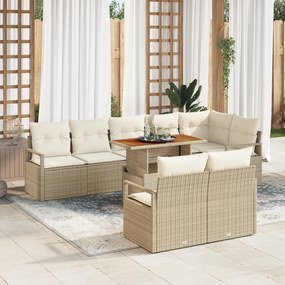 Conjunto de Sofá de Jardim VidaXL 9 Peças com Almofadas Bege Rattan Poliéster Acácia