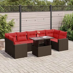 8 pcs conj. sofás jardim c/ almofadões vime PE/acácia castanho
