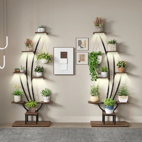 Conjunto de 2 suportes para plantas de interior com luzes. Estante metálica de 8 níveis com gancho para escritório, 67 x 30 x 156 cm, castanho e preto