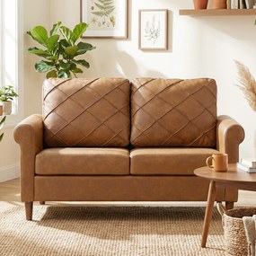 Sofá de 2 Lugares de PU com Pés de Madeira Encosto com Costuras Sofá Moderno para Sala de Estar Quarto Castanho
