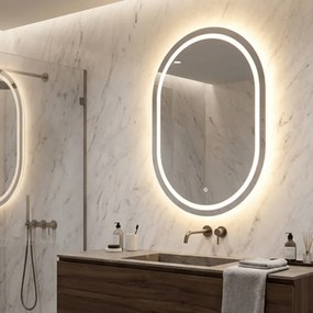 ESPELHO DE PAREDE LED OVAL 60X3,5X80 CM (3 CORES DE LUZ) PRATEADO