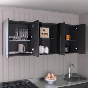 Móvel de parede para cozinha com vidro 150, com várias portas, 60 x 150 x 31,5 cm preto